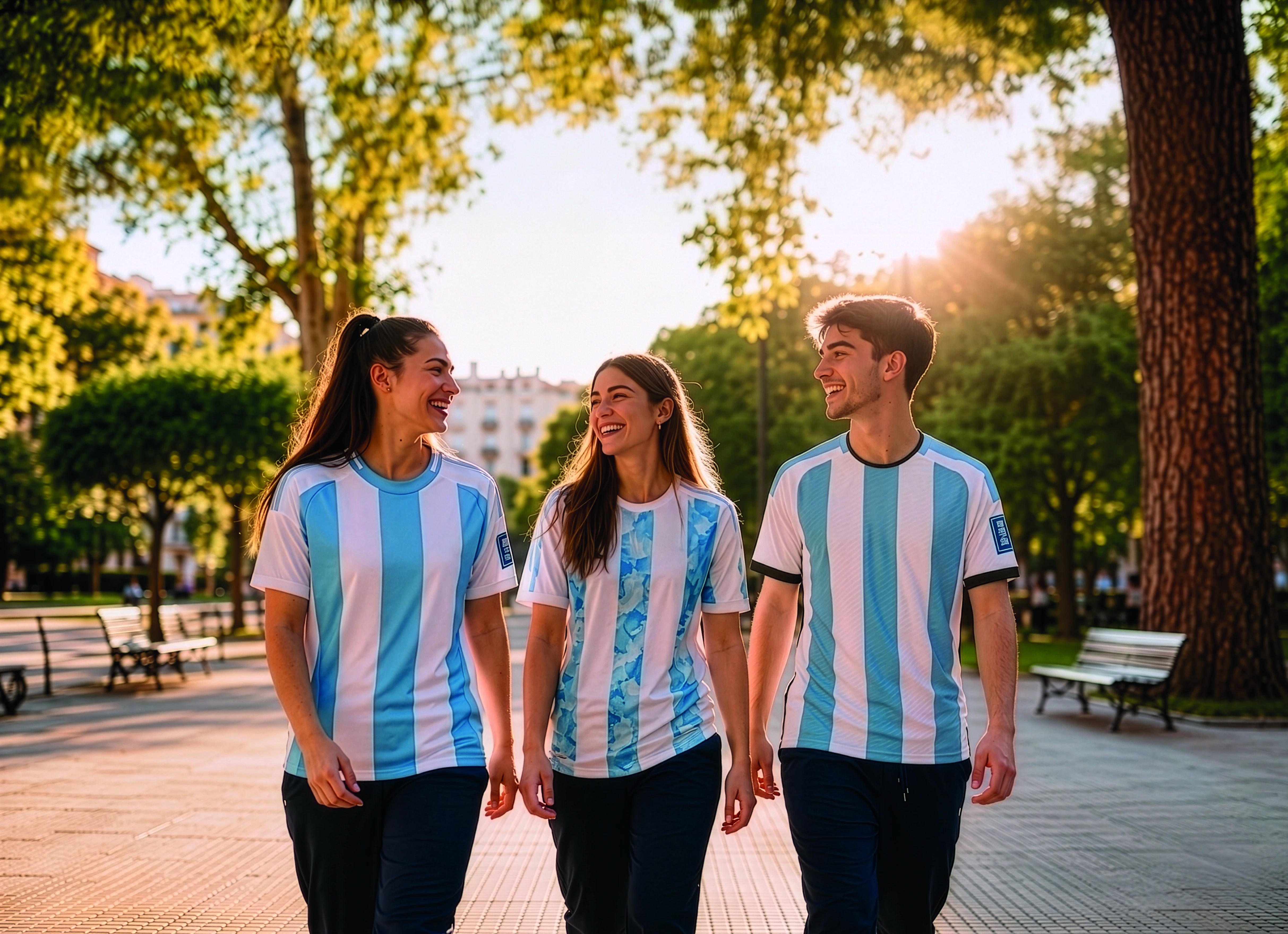 Tres personas con camiseta argentina caminando por una plaza